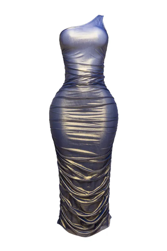 Ombre & gold mesh layered one shoulder maxi dress sold by Bogomore