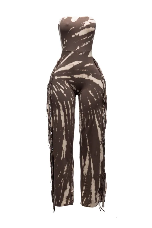 Tie-dye fringe tube jumpsuit sold by Bogomore