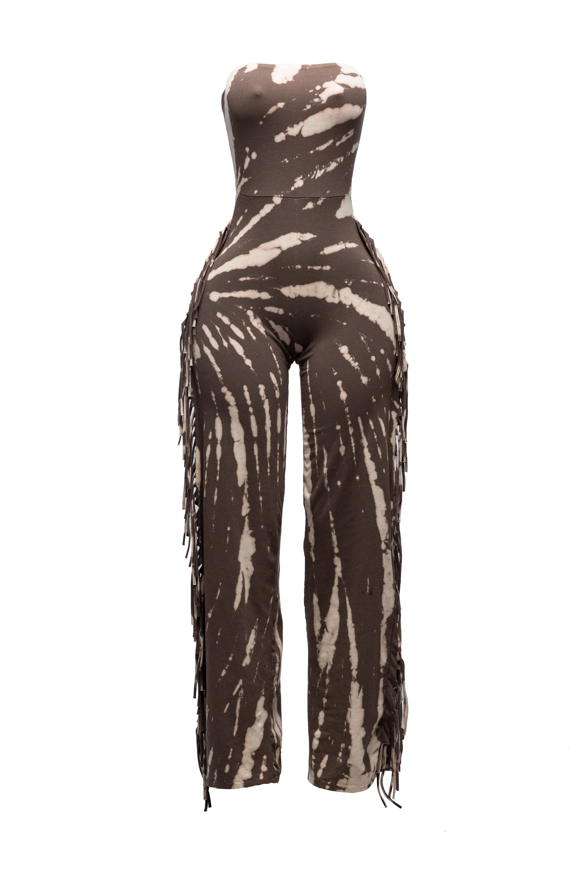 Tie-dye fringe tube jumpsuit sold by Bogomore