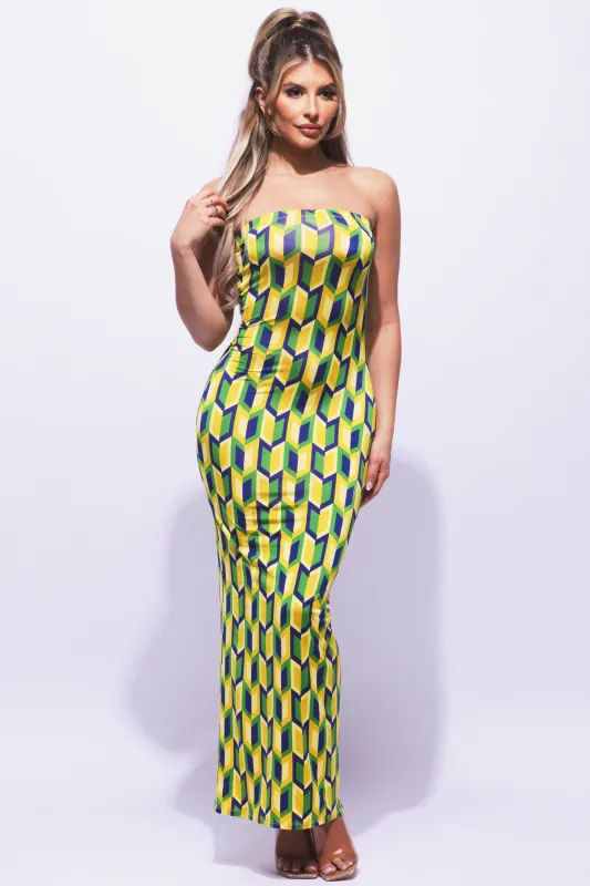 Multi colored geo print tube maxi dress sold by Bogomore