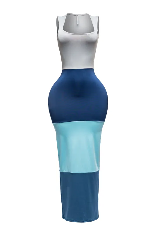Sleeveless color block maxi dress sold by Bogomore