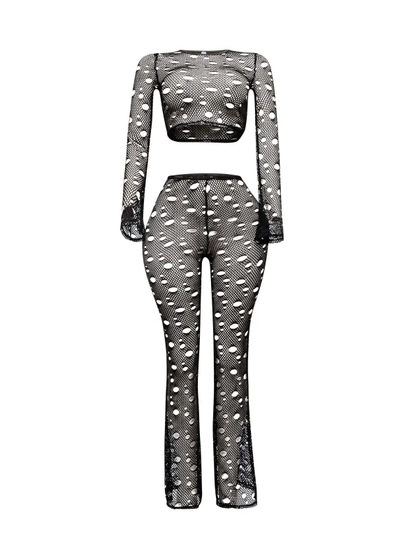 Hole fishnet crop top & pants set sold by Bogomore