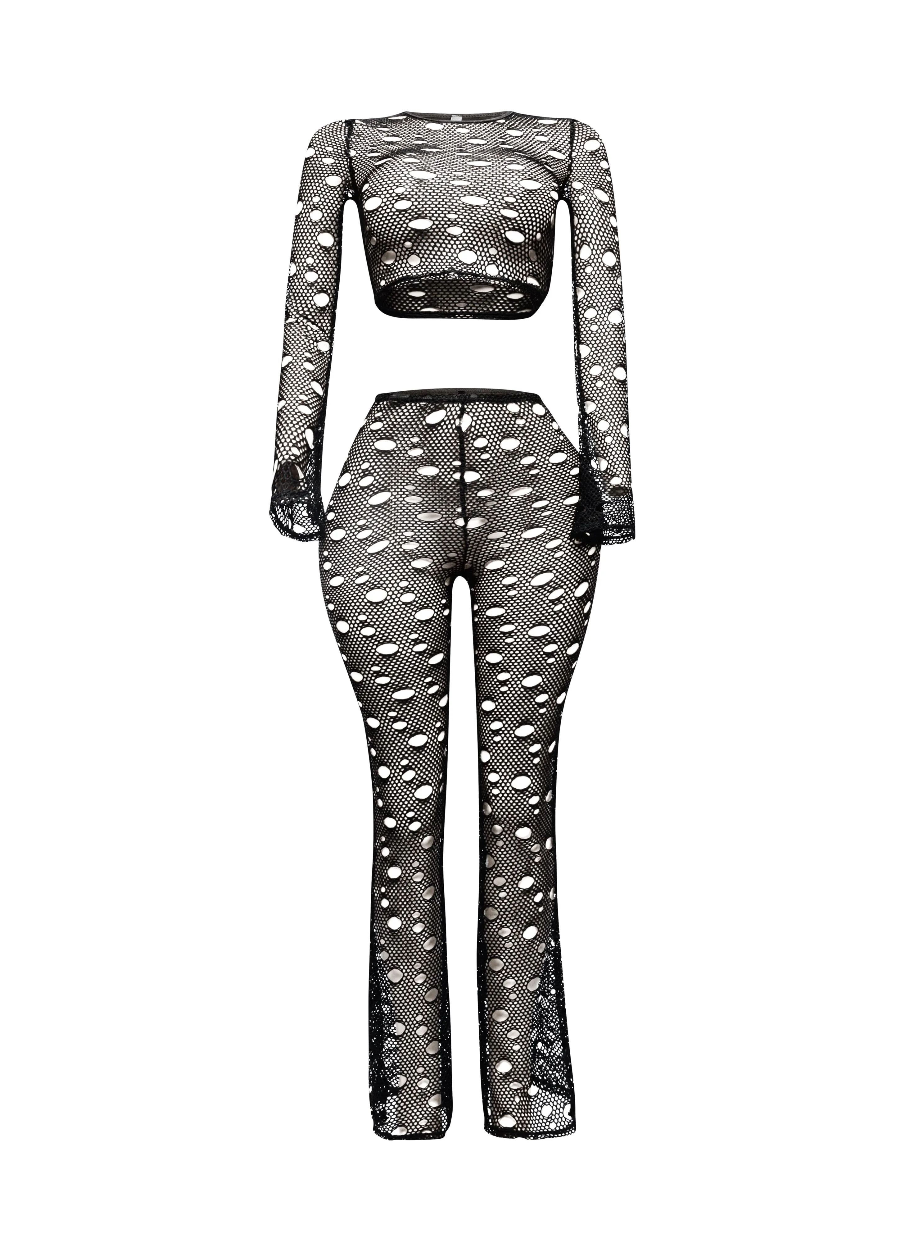 Hole fishnet crop top & pants set sold by Bogomore