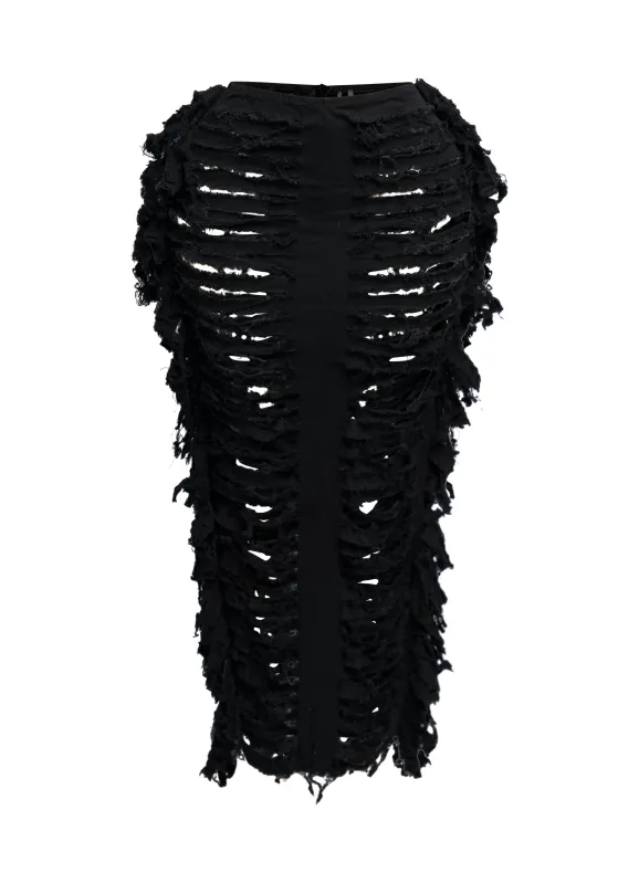 Cutout detailed distressed denim fringe maxi skirt sold by Bogomore