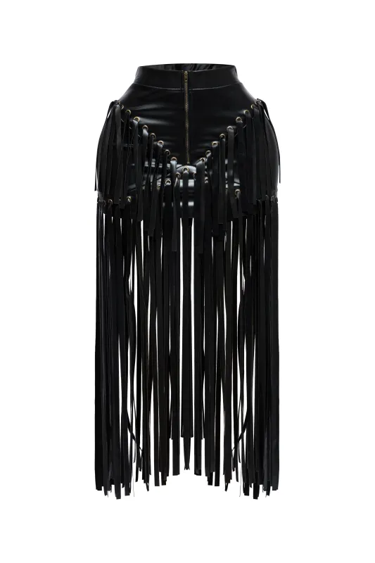 Faux leather fringed skirt sold by Bogomore