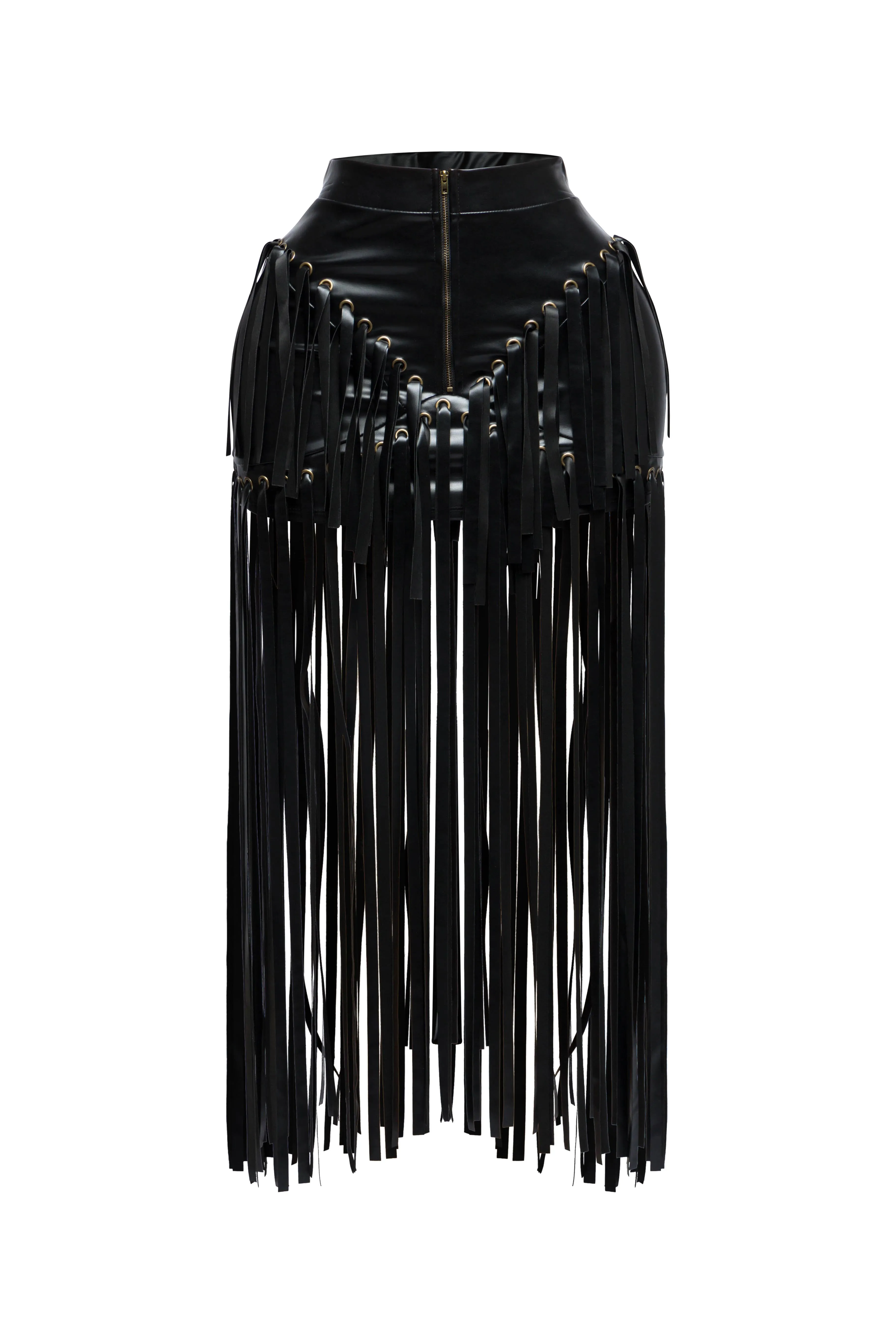 Faux leather fringed skirt sold by Bogomore
