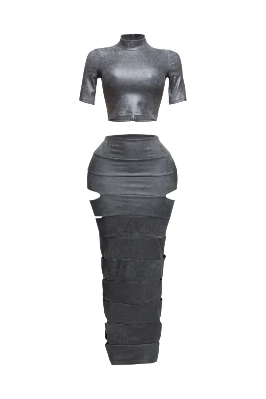 Crop top and laser cut detailed maxi skirt sold by Bogomore