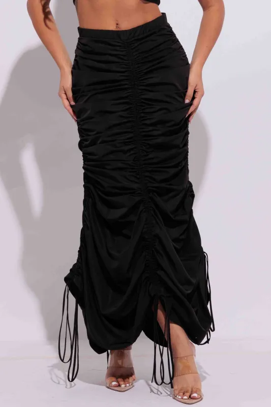 Drawstring ruched maxi skirt sold by Bogomore