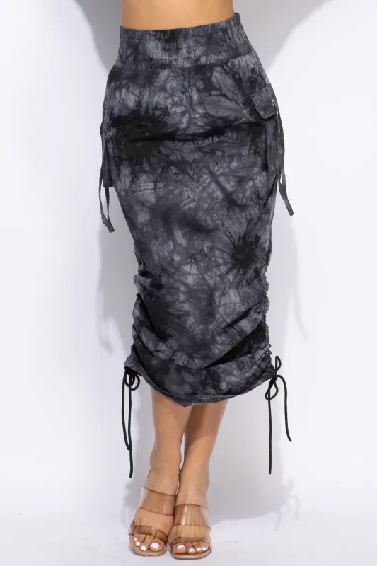 Tie dye Ruched maxi skirt sold by Bogomore