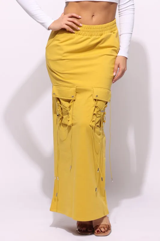 Lace up detailed pocket maxi skirt sold by Bogomore