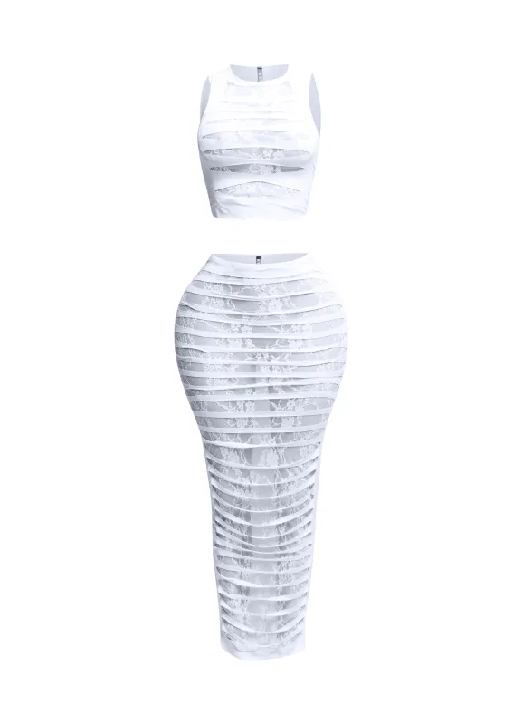 Lace layered cut out skirt set sold by Bogomore