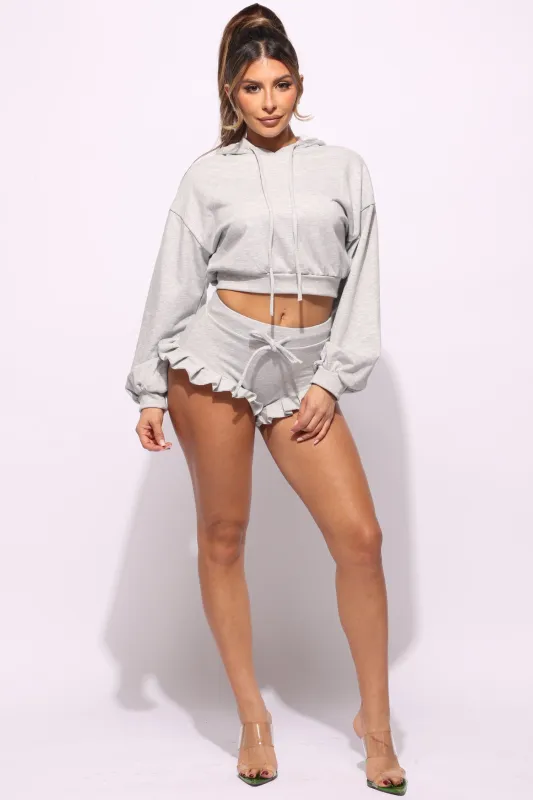 Crop hoodie & ruffle shorts set sold by Bogomore