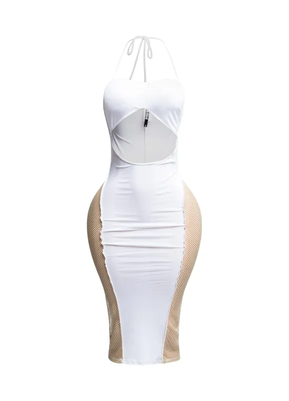 Rhinestone fishnet contrast dress sold by Bogomore