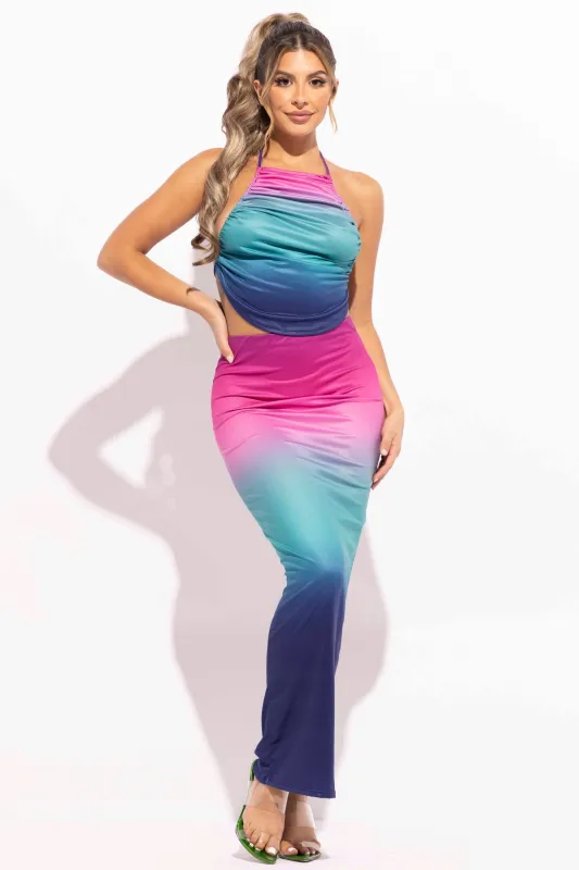 Halter backless top and maxi skirt set sold by Bogomore