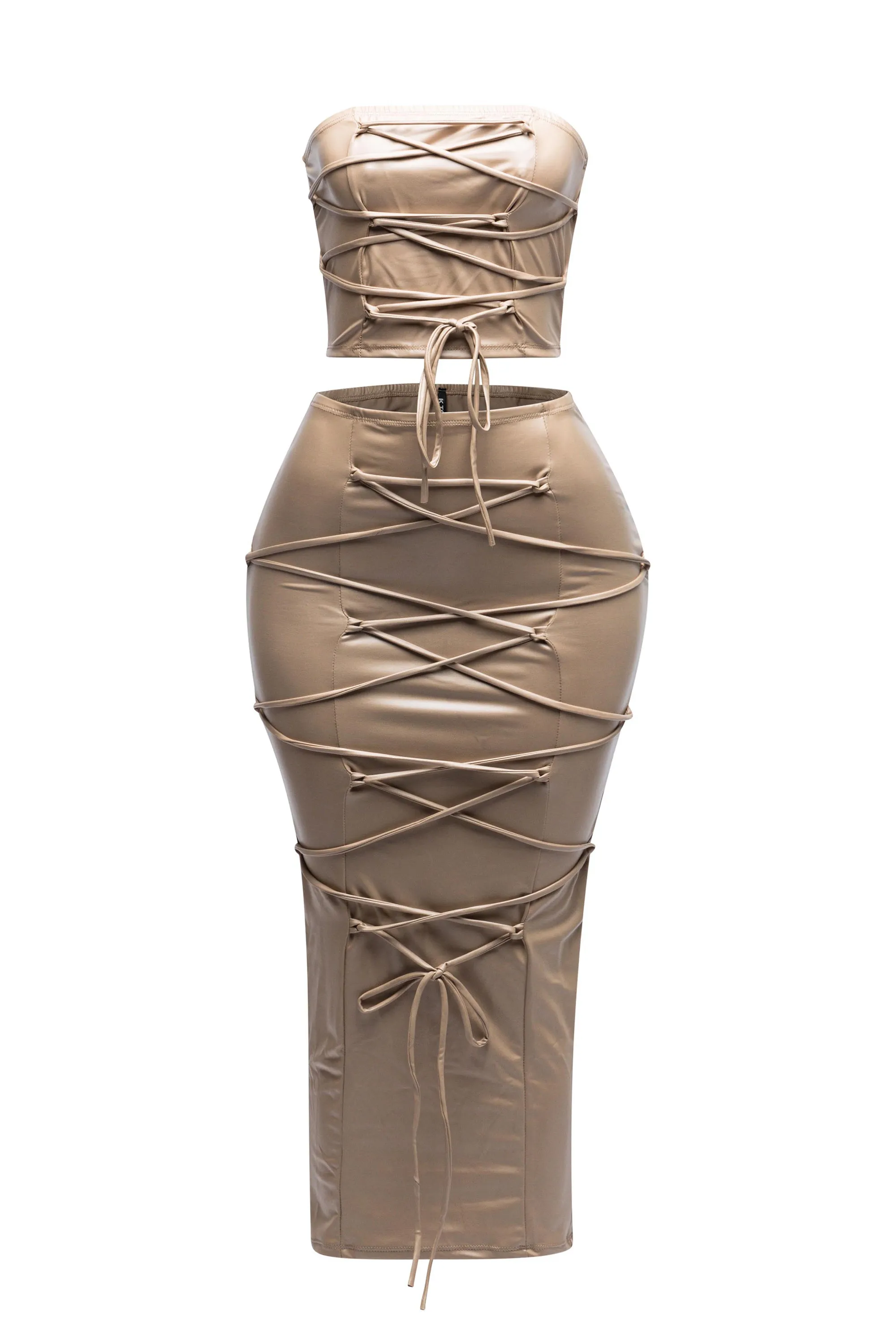 Lace up detailed tube top and maxi skirt set sold by Bogomore