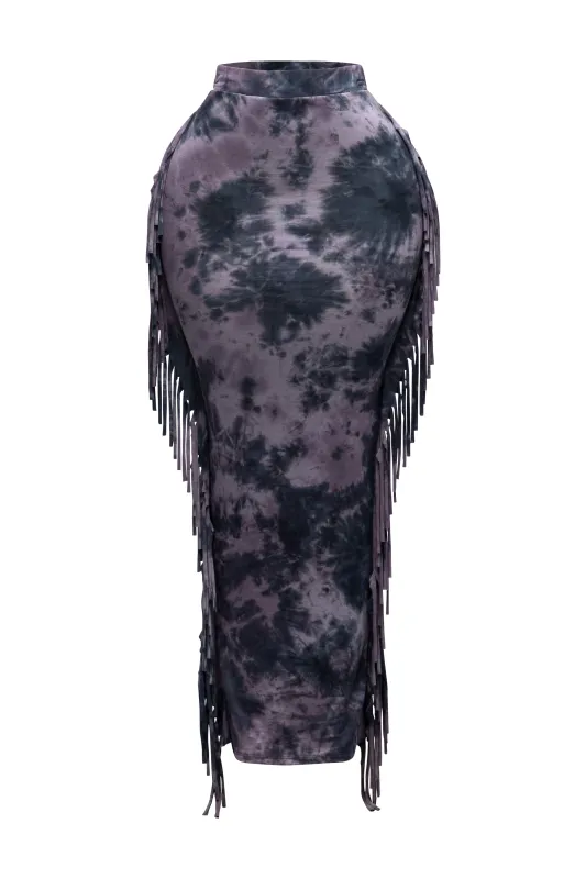 Tie dyed fringed maxi skirt sold by Bogomore