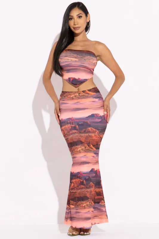 Printed tube top and maxi skirt set sold by Bogomore