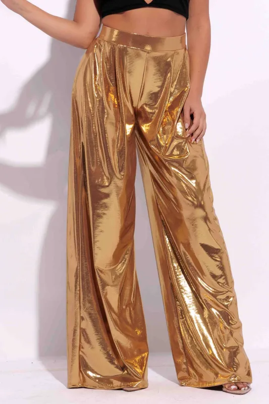 Metallic wide leg pants sold by Bogomore
