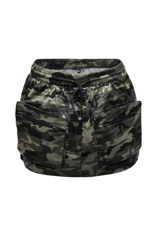 Camo drawstring mini skirt sold by Bogomore
