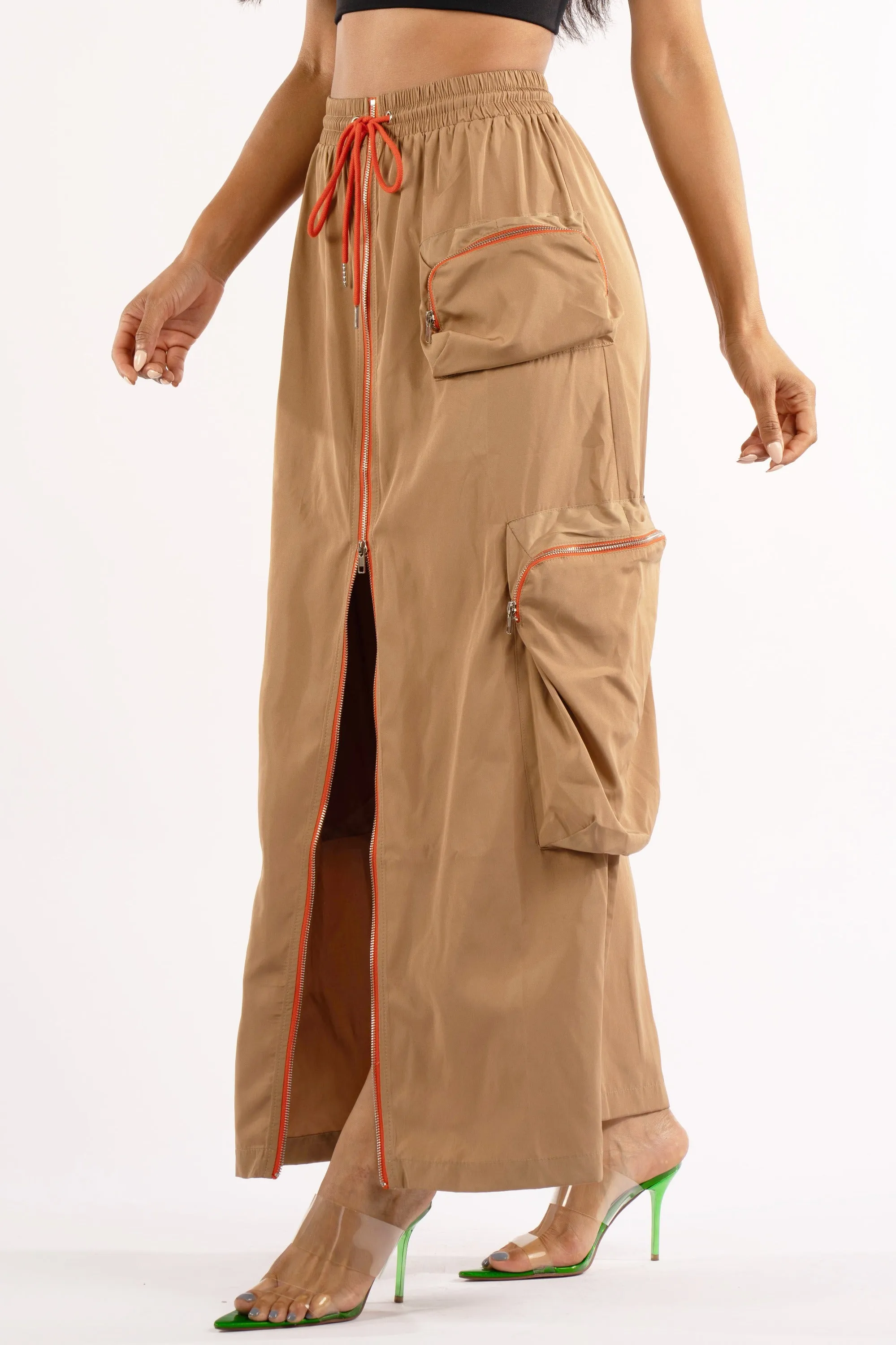 Zipper front drawstring waist cargo maxi skirt sold by Bogomore product image thumbnail 4