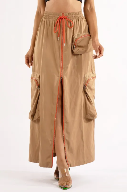 Zipper front drawstring waist cargo maxi skirt sold by Bogomore