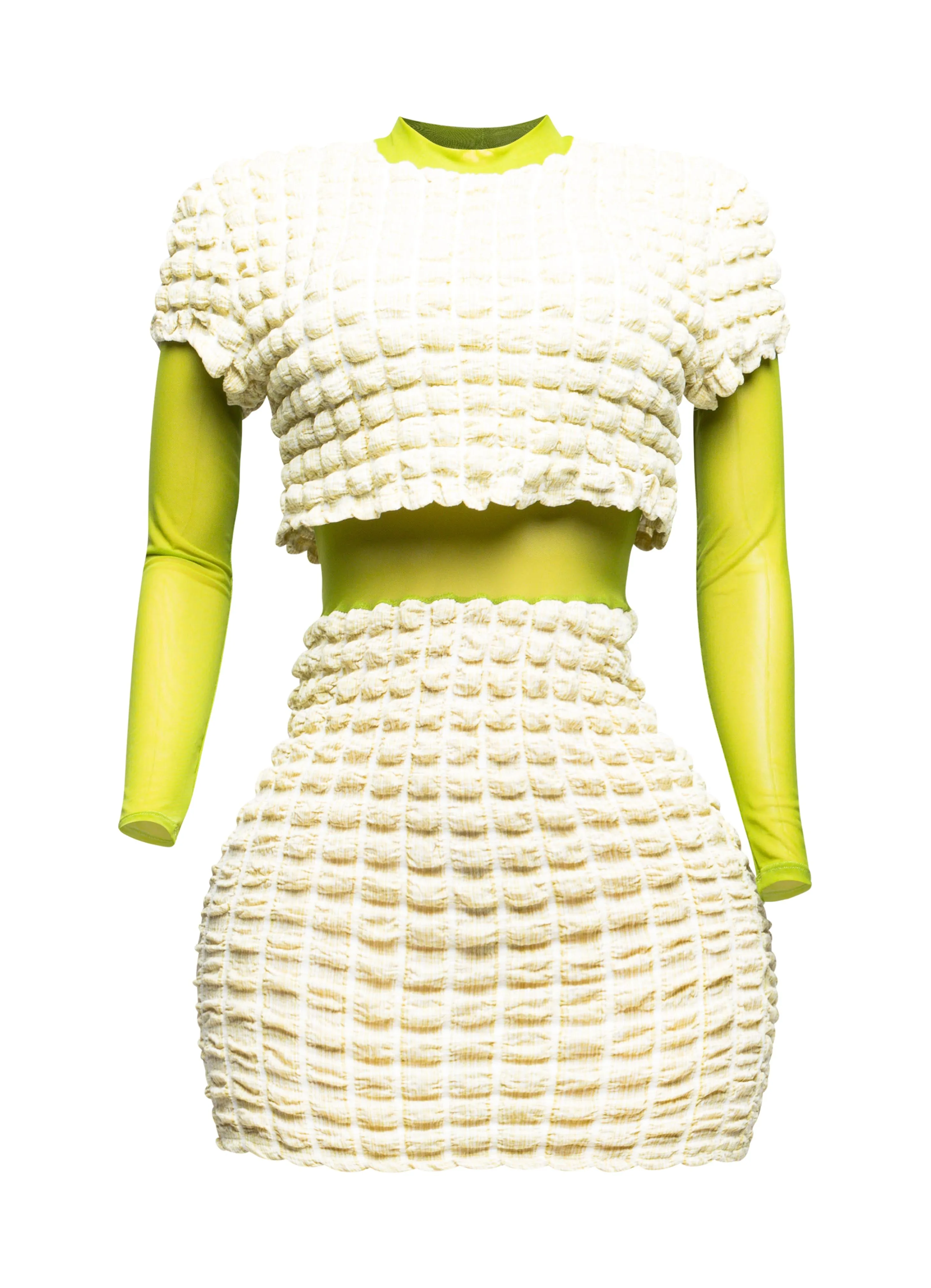 Mesh Contrast Popcorn Fabric Mini Dress sold by Bogomore