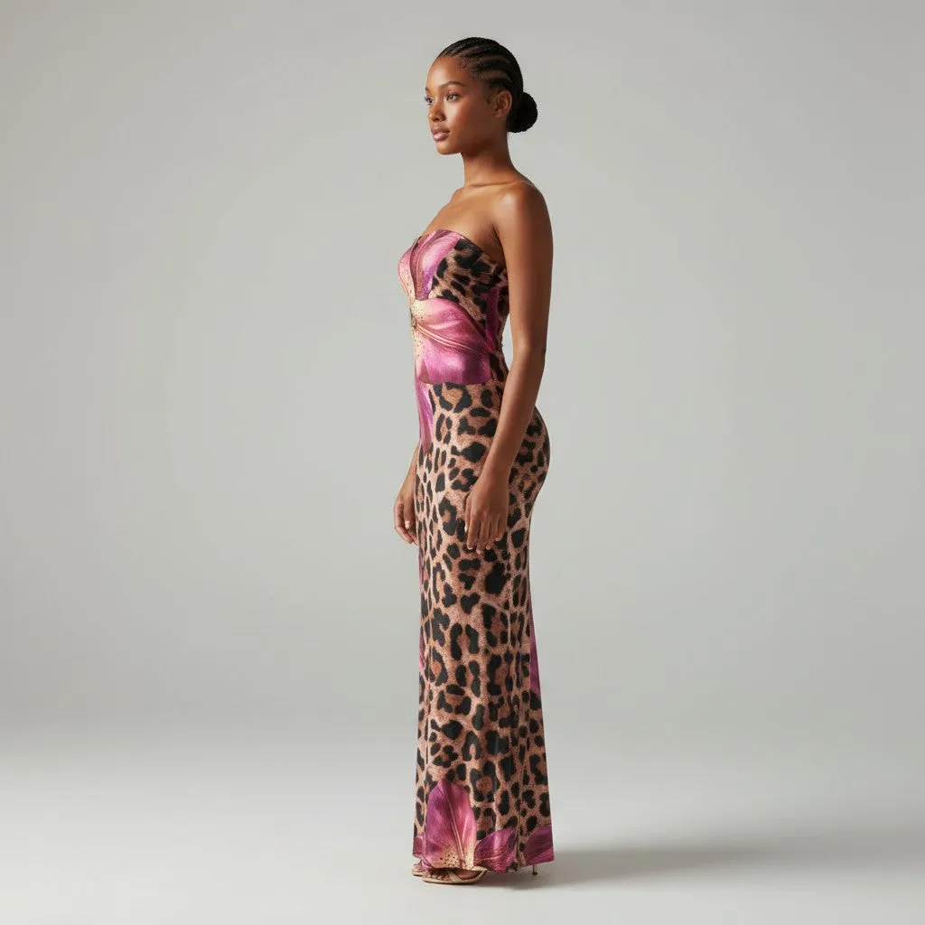 Strapless Leopard Floral Maxi Dress with Flared Hem sold by Bogomore product image thumbnail 4
