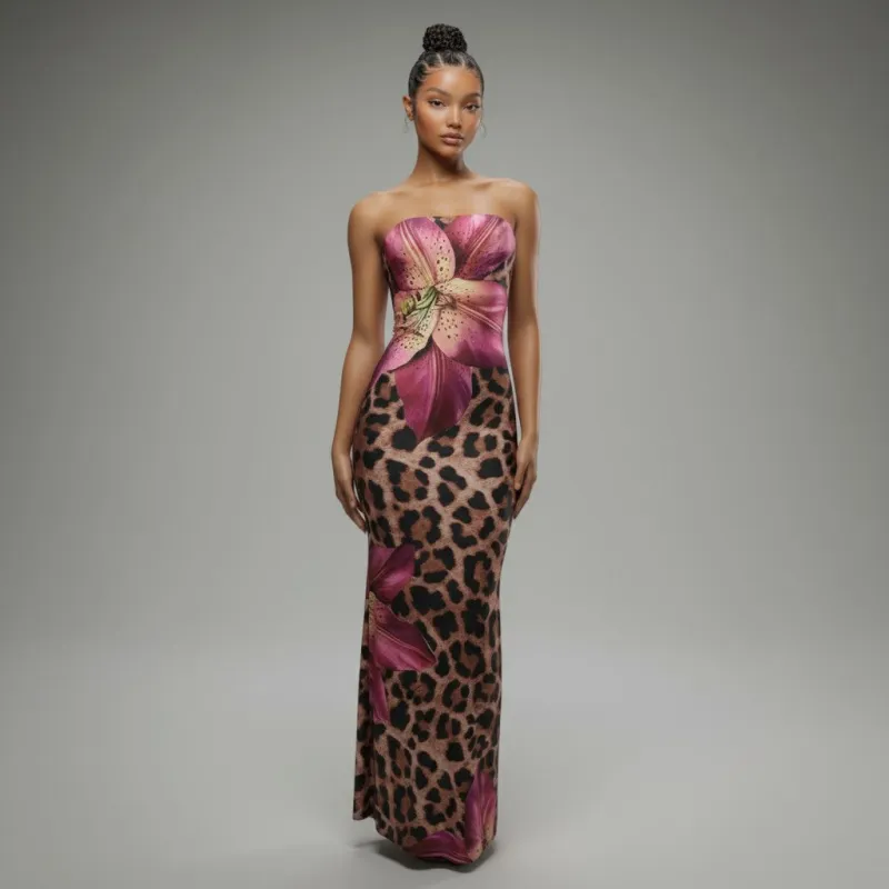 Strapless Leopard Floral Maxi Dress with Flared Hem sold by Bogomore