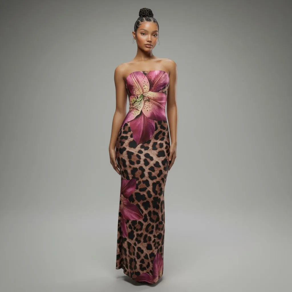 Strapless Leopard Floral Maxi Dress with Flared Hem sold by Bogomore