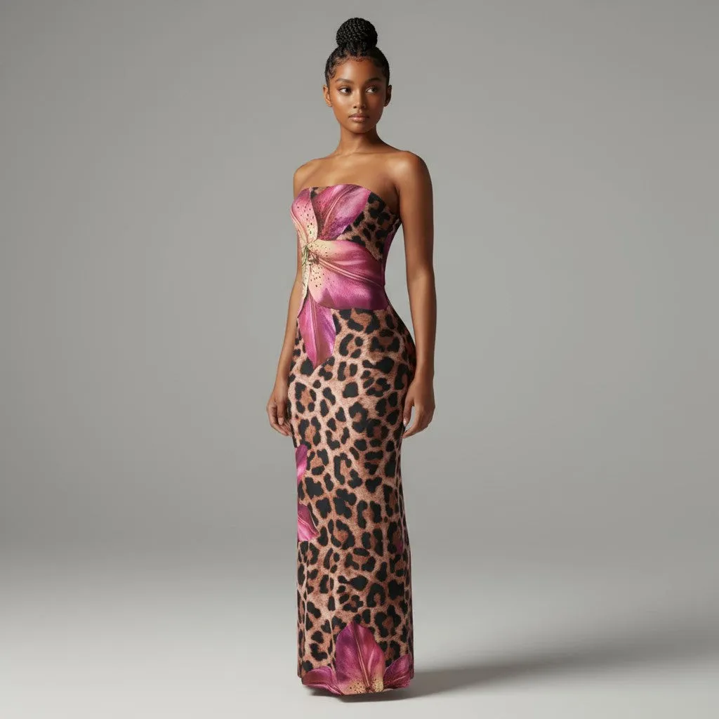 Strapless Leopard Floral Maxi Dress with Flared Hem sold by Bogomore product image thumbnail 3