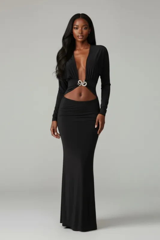 Snake Charmer Plunge Cutout Maxi Dress sold by Bogomore