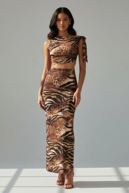 Born Wild Asymmetrical Maxi Skirt Set sold by Bogomore