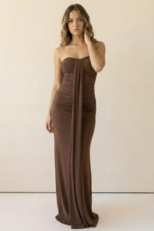 Soft Drape Strapless Maxi Dress-Brown made by Bogomore