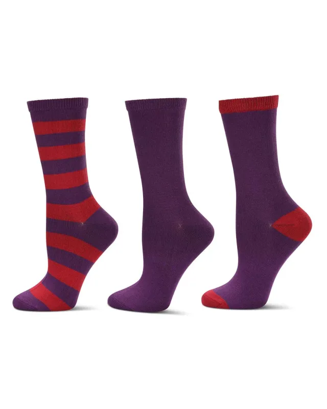 3 Pair Women's Buttersoft Crew Socks - Stripes and Solid Colors sold by MeMoi