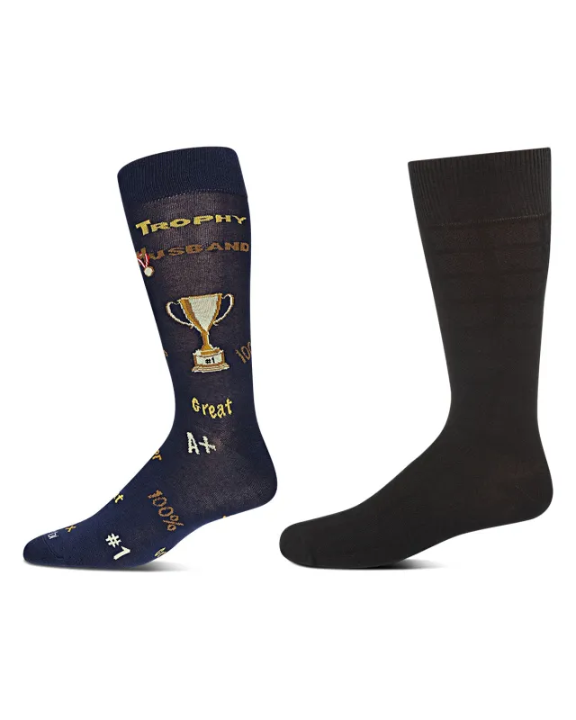 2 Pair Men's "Trophy Husband" Rayon-Blend Novelty Crew Socks sold by MeMoi
