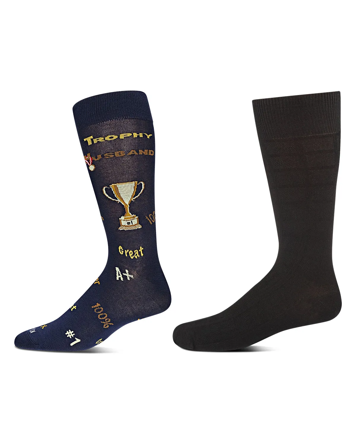 2 Pair Men's "Trophy Husband" Rayon-Blend Novelty Crew Socks sold by MeMoi