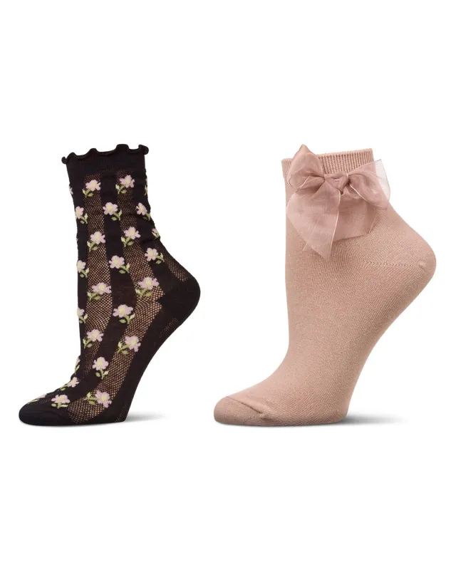 2 Pair Women's Fashion Floral Print / Bow Trim Ankle Socks sold by MeMoi