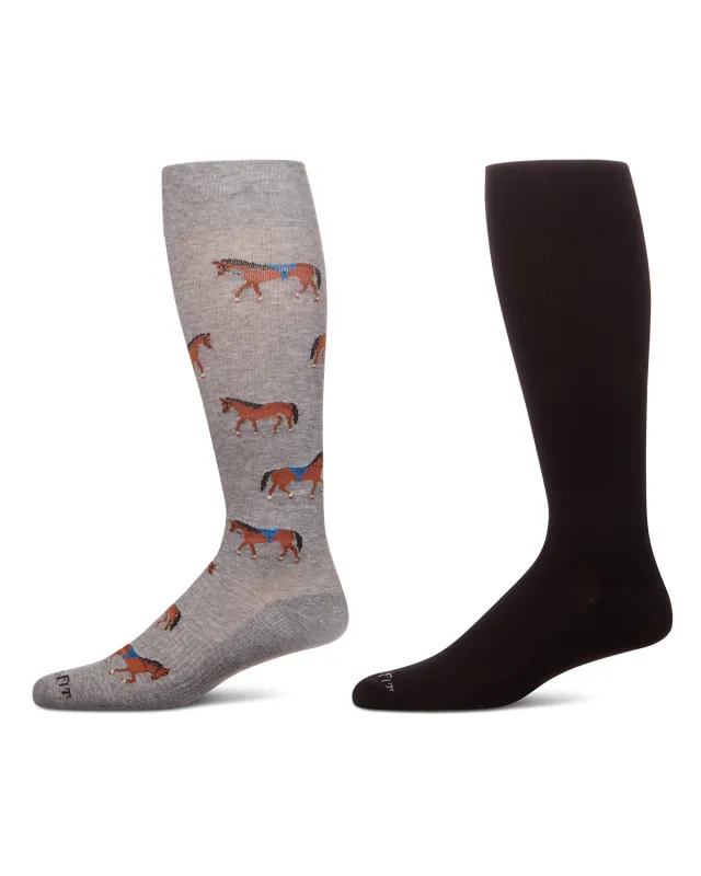 2 Pair Unisex Cotton Blend Compression Knee High Socks, Horse/Solid sold by MeMoi
