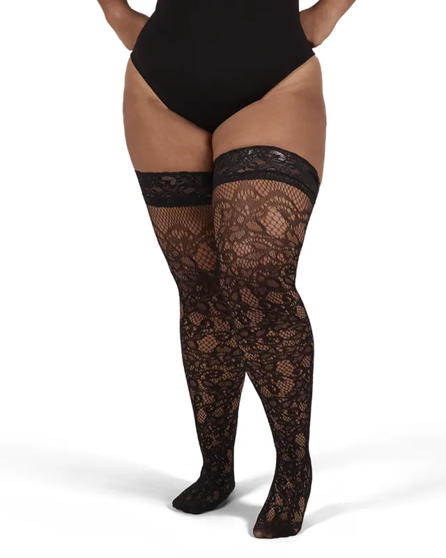 Women's Net Swirl-Pattern Lace-Top Plus Size Thigh High Stockings sold by MeMoi