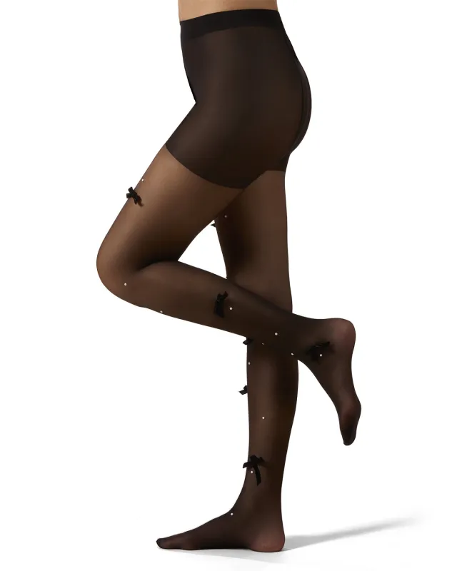 Women's Sheer Fashion Velvet Bows and Faux Pearl Studded Tights sold by MeMoi