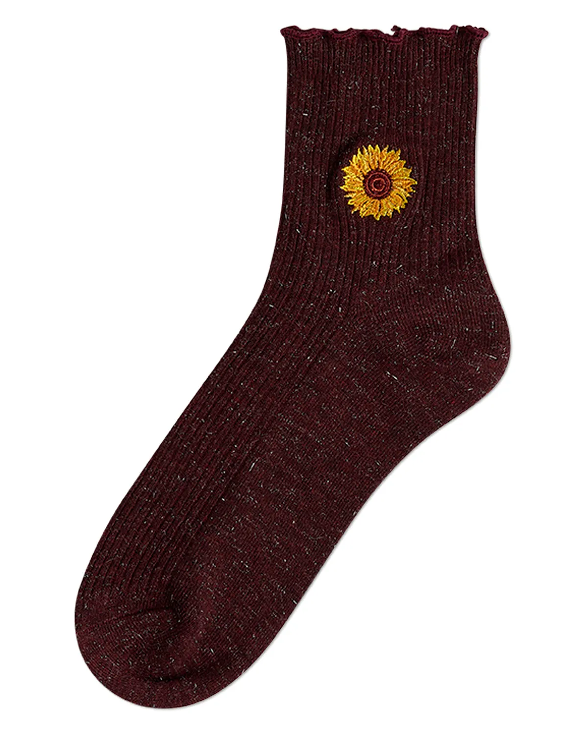Women's Sparkly Ribbed Lettuce Edge Embroidered Sunflower Crew Sock sold by MeMoi product image thumbnail 3