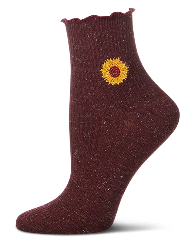 Women's Sparkly Ribbed Lettuce Edge Embroidered Sunflower Crew Sock sold by MeMoi