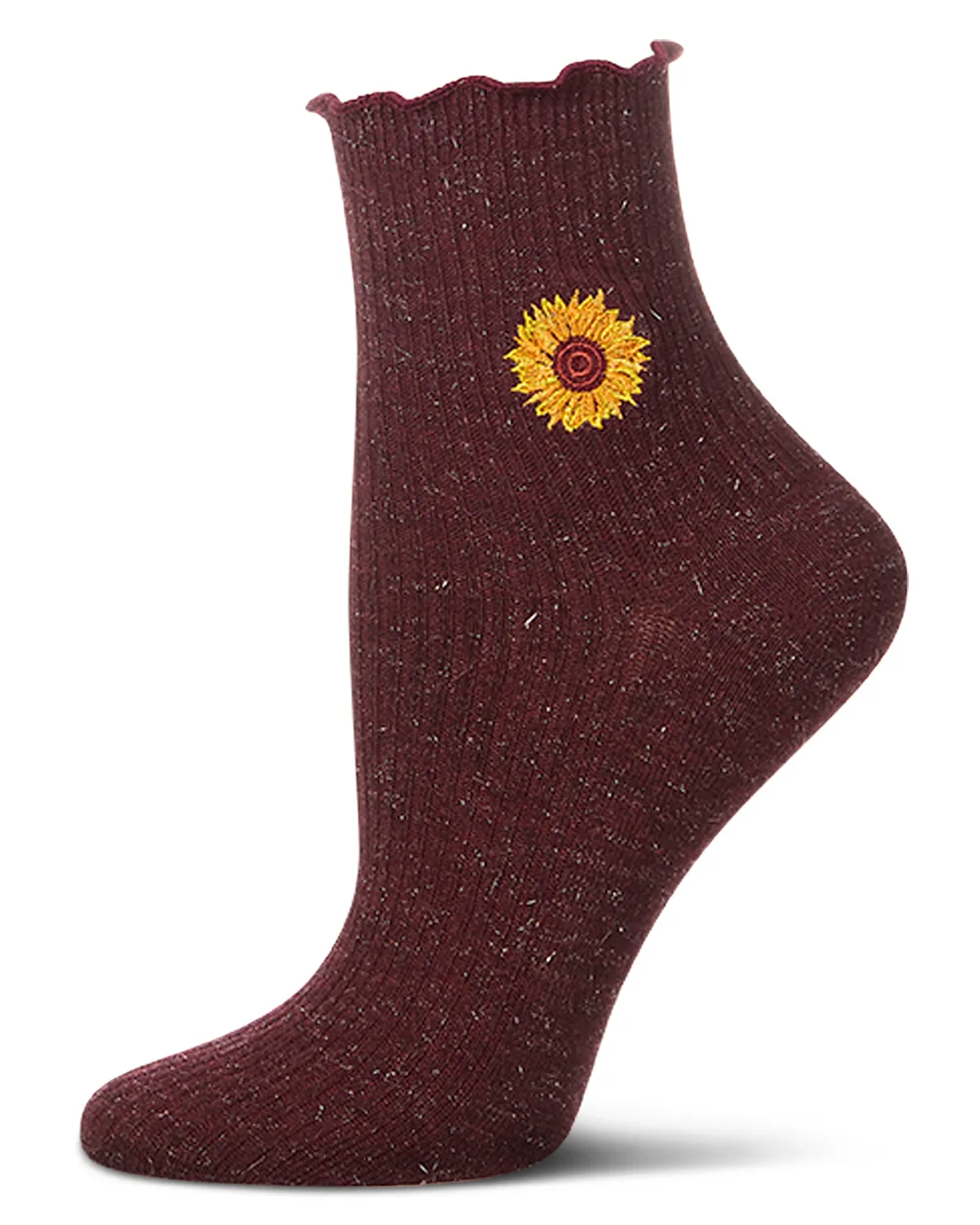Women's Sparkly Ribbed Lettuce Edge Embroidered Sunflower Crew Sock sold by MeMoi