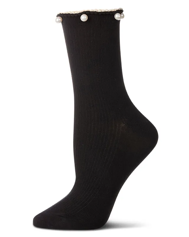 Women's Cotton Rich Faux Pearl Trimmed Lettuce Edge Ankle Sock sold by MeMoi