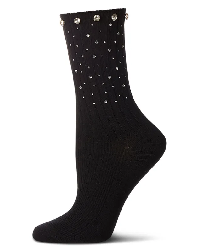 Women's Ribbed Rhinestone Studded Cotton Rich Crew Sock sold by MeMoi