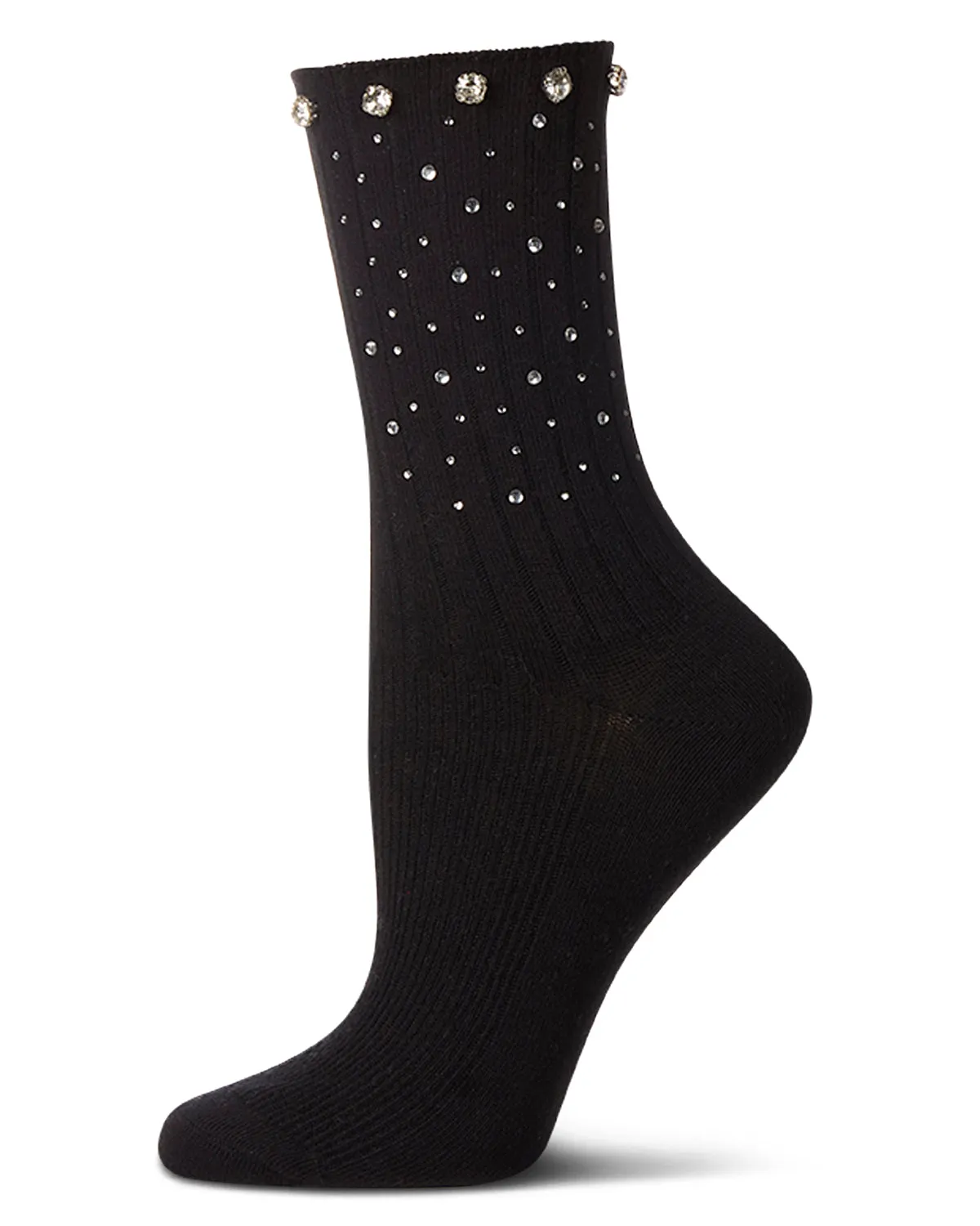 Women's Ribbed Rhinestone Studded Cotton Rich Crew Sock sold by MeMoi