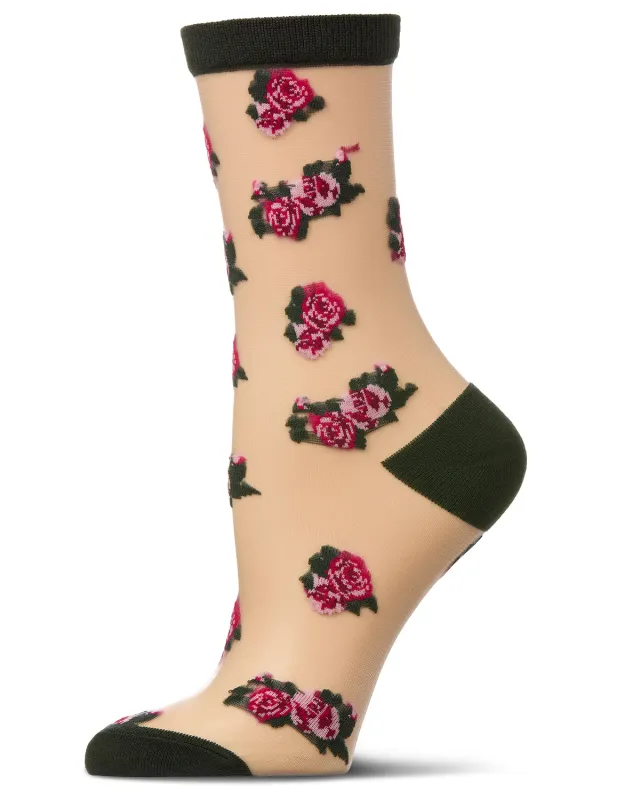 Women's Silky-Sheer Rose-Pattern Cotton-Blend Crew Sock sold by MeMoi