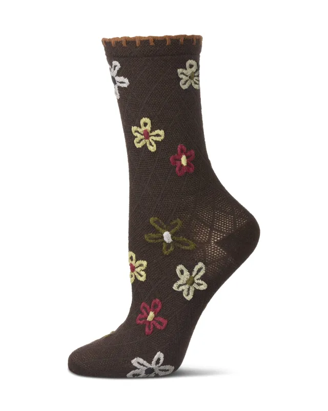 Women's Dancing Daisies Crochet Cuff Crew Socks sold by MeMoi