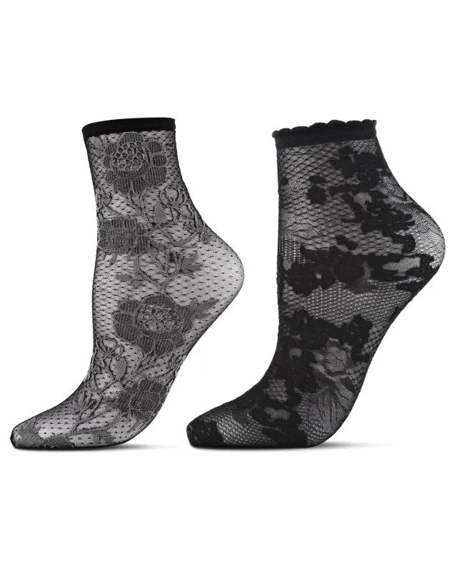 2 Pair Natori Women's Sheer Mesh Floral Lace Shortie Socks sold by MeMoi