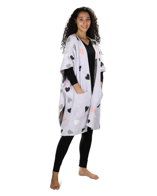 Women's Plush "Hearts"-Themed Ruana Wrap Robe with Kimono Sleeves sold by MeMoi